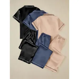 3 Sets Women's Solid Satin Casual Pajama Set, Short Sleeve Buttons Lapel Top & Pants, Comfortable Relaxed Fit