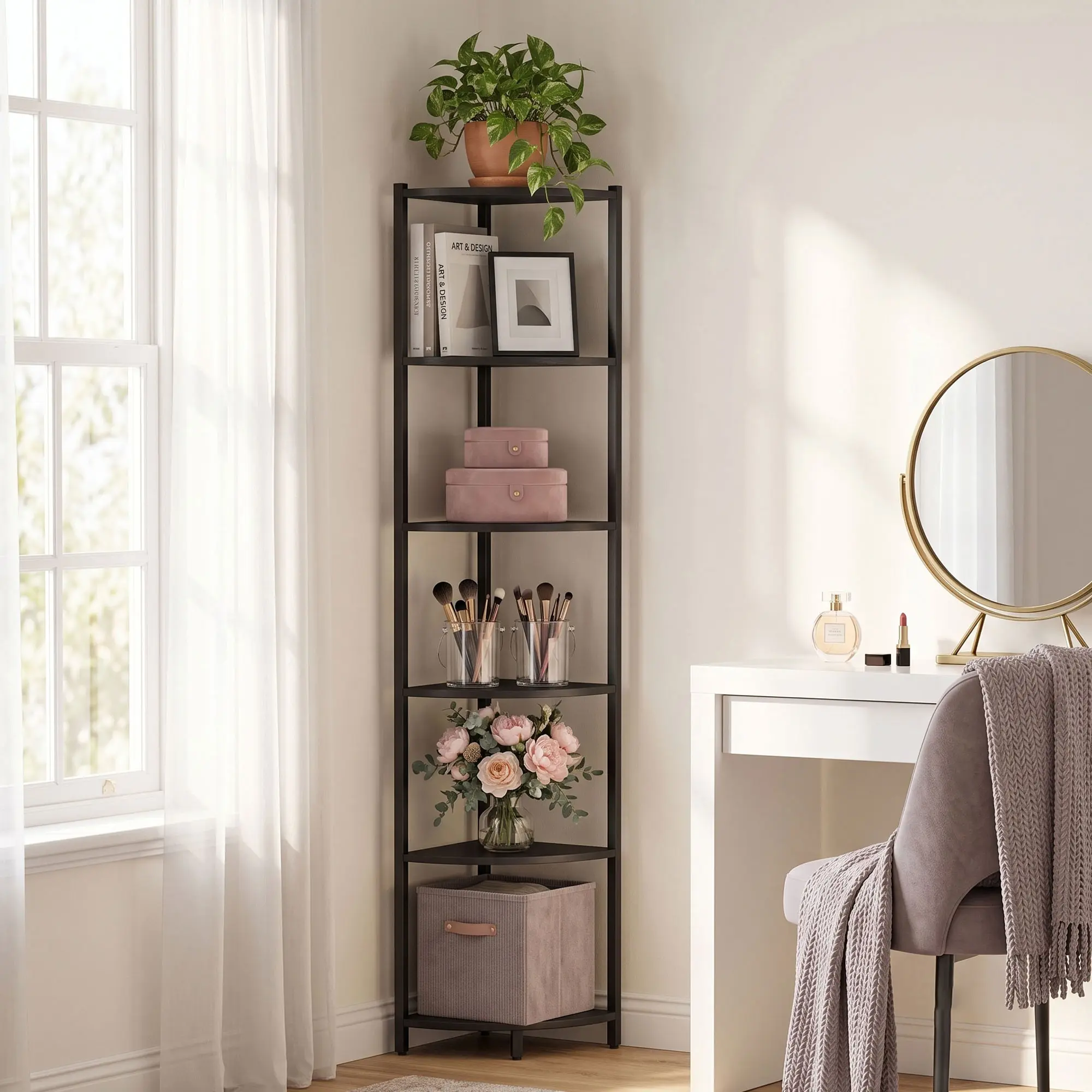 Corner Shelf with LED Lights, 6-Tier Corner Bookshelf, 66'' Organizer Book Shelf Shelves Steel Frame Display Stand with Living Room, Bedroom, Study, Black