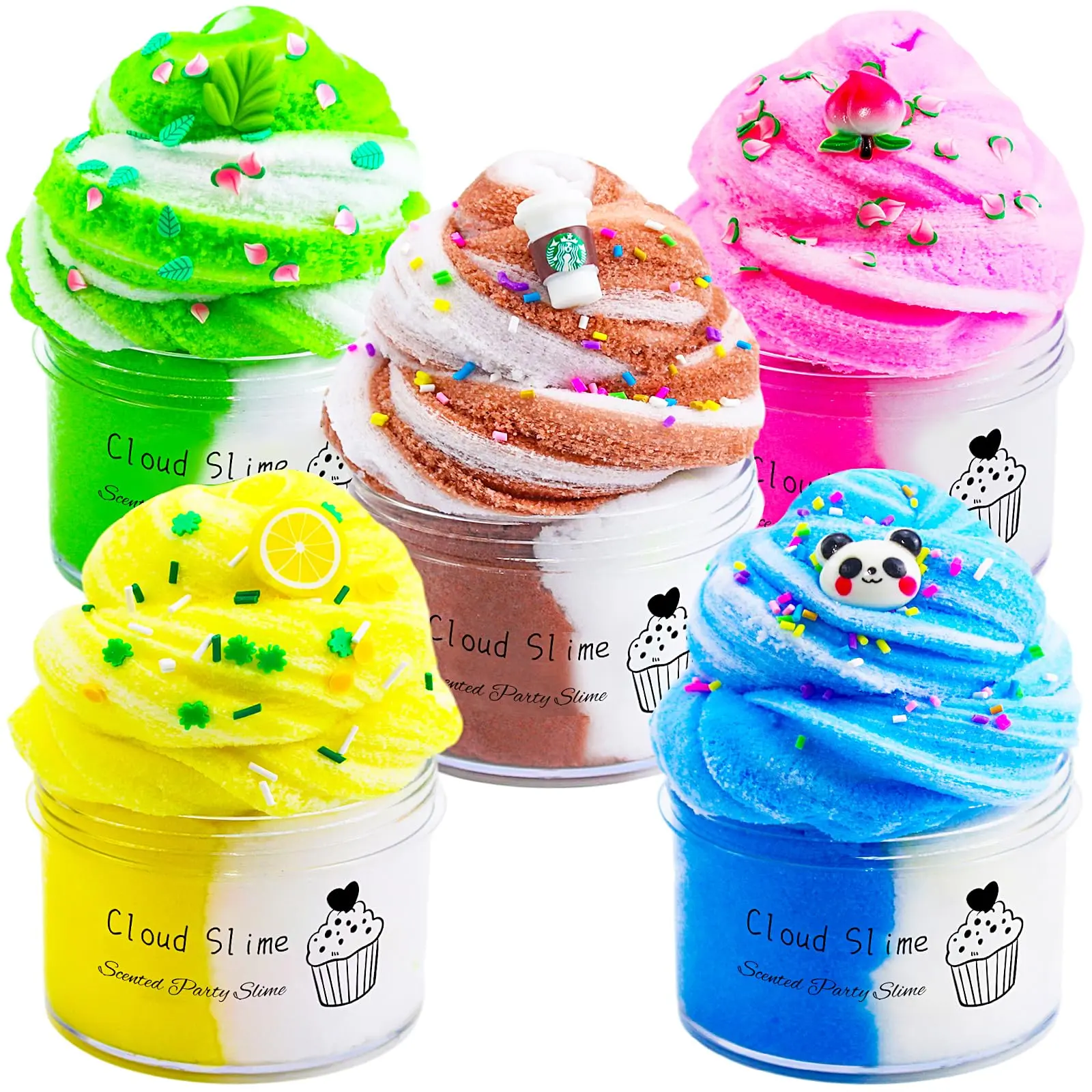5 Packs Dual Color Cloud Slime Kit with Mint Lemon Coffee Panda Peach Stress Relief Toy Super Soft and Non-Sticky Birthday Gifts Slime Party Favors for Girls and Boys