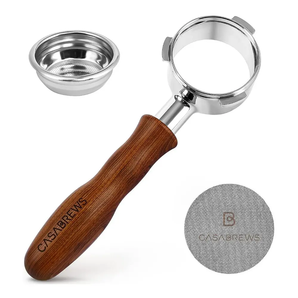 CASABREWS 58mm Steel Bottomless Portafilter - Coffee Bar Accessory with Espresso Filter Basket, Puck Screen, Ergonomic Natural Wood Design for CM5700 Series, Neutron Pro, Ultra, CM4700Gense Barista Tools to Improve Extraction, Coffee Bar Accessories
