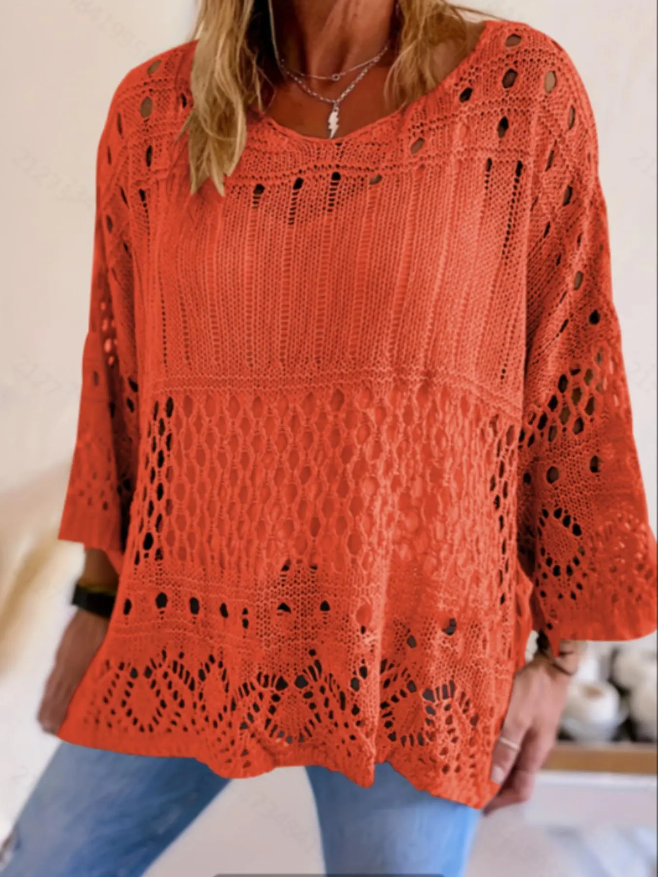 Plus Size Women's Summer Hollow Out Round Neck Knit Top, Casual Elegant Vacation Style, Loose Oversize Batwing Shoulder, Spring Summer Wear