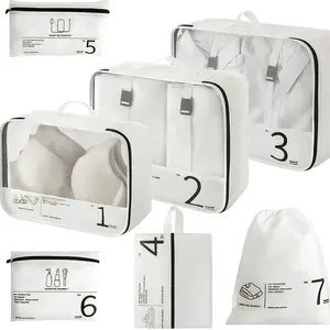 Set of 7 Packing Cubes for Travel, Space Saving Cube Storage Organizer, Storage Cubes with Drawstring Bag, Travel Bags Organizer for Luggage & Carry-On