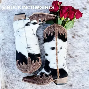 Women’s Cowhide Boots Tooled Leather Cowboy Boots with Side Pull Straps, Tapered Heel, and Natural Variations in Spots and Color - Footwear, Walking Shoes, Shoe, Classic, Decor, Nail, Comfort