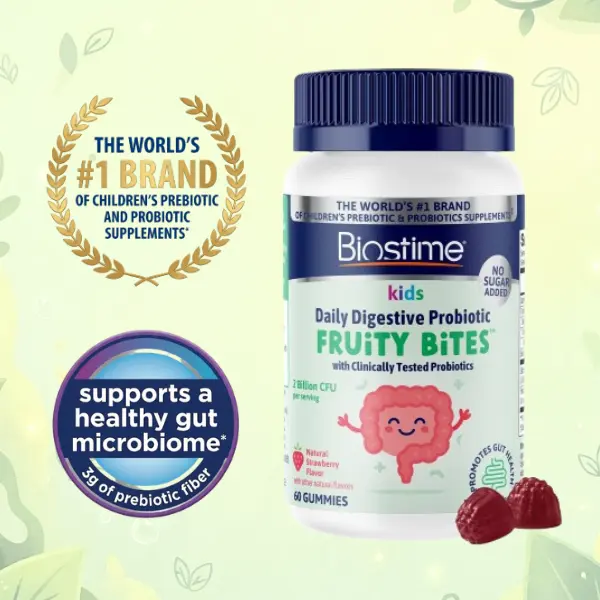 Biostime Kids Daily Digestive Probiotic Fruity Bite Gummies (Ages 4+) | Probiotics for Kids | Includes 2 Billion CFU to Support Digestive Health | No added sugar Fruity Bites | Free from Top 9 Allergens |50 Count