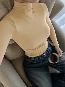 Basic and simple old money style casual everyday elegant autumn double-sided knit turtleneck High Neck long-sleeve base shirt women's T-shirt Fitted Knitwear Casual Comfy Top