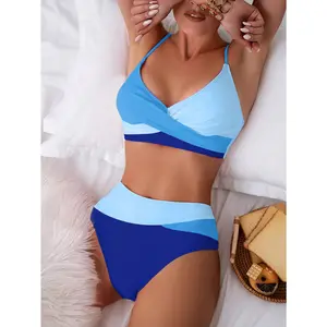Swim Summer Beach Color Block Twist Front Bikini Set