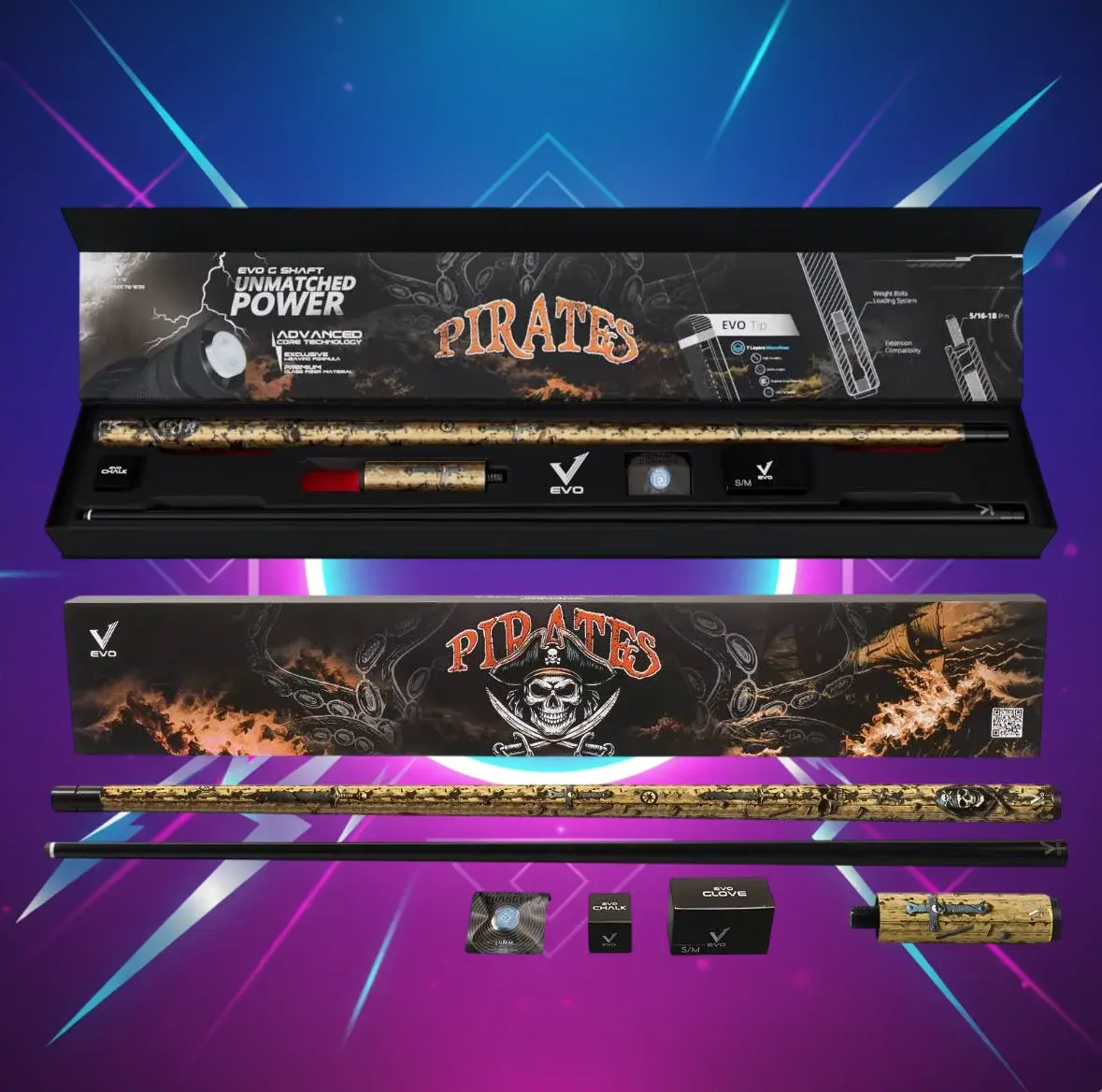 EVO Pirates Maxbing Edition - Golden Plunder Pool Cue Kit | Glassfiber Shaft, Carbon+Glass Butt, 12.5mm Tip, 19-19.5 oz
