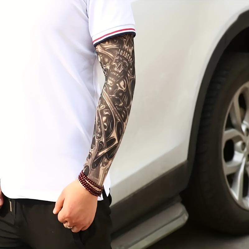 Super Value 10 PCS Set 4 PCS Camouflage Beanie Skull Caps  + 6 PCS Temporary Tattoo Ice Silk Arm Sleeves Sun Protection Breathable Quick Dry Helmet Liner Caps and Cool Arm Sleeves for Men Women Summer Essential Accessories