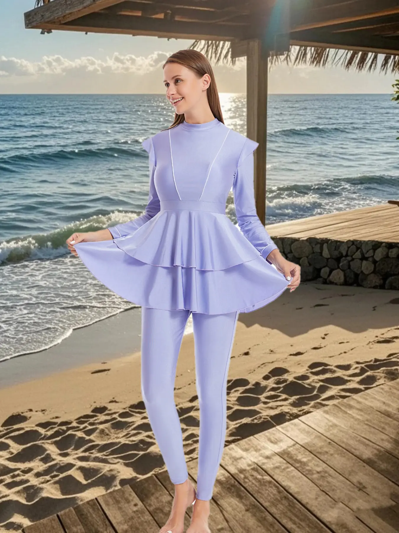 Muslim Swimsuit Bikini, Islamic Swimwear for Women, Modest Swimming Wear, Modest Fashion Swimsuit, Full Coverage Swimsuits, Beach Design, Cake Dress + Bottoms with Hat & Sun Protection String, Burkinis
