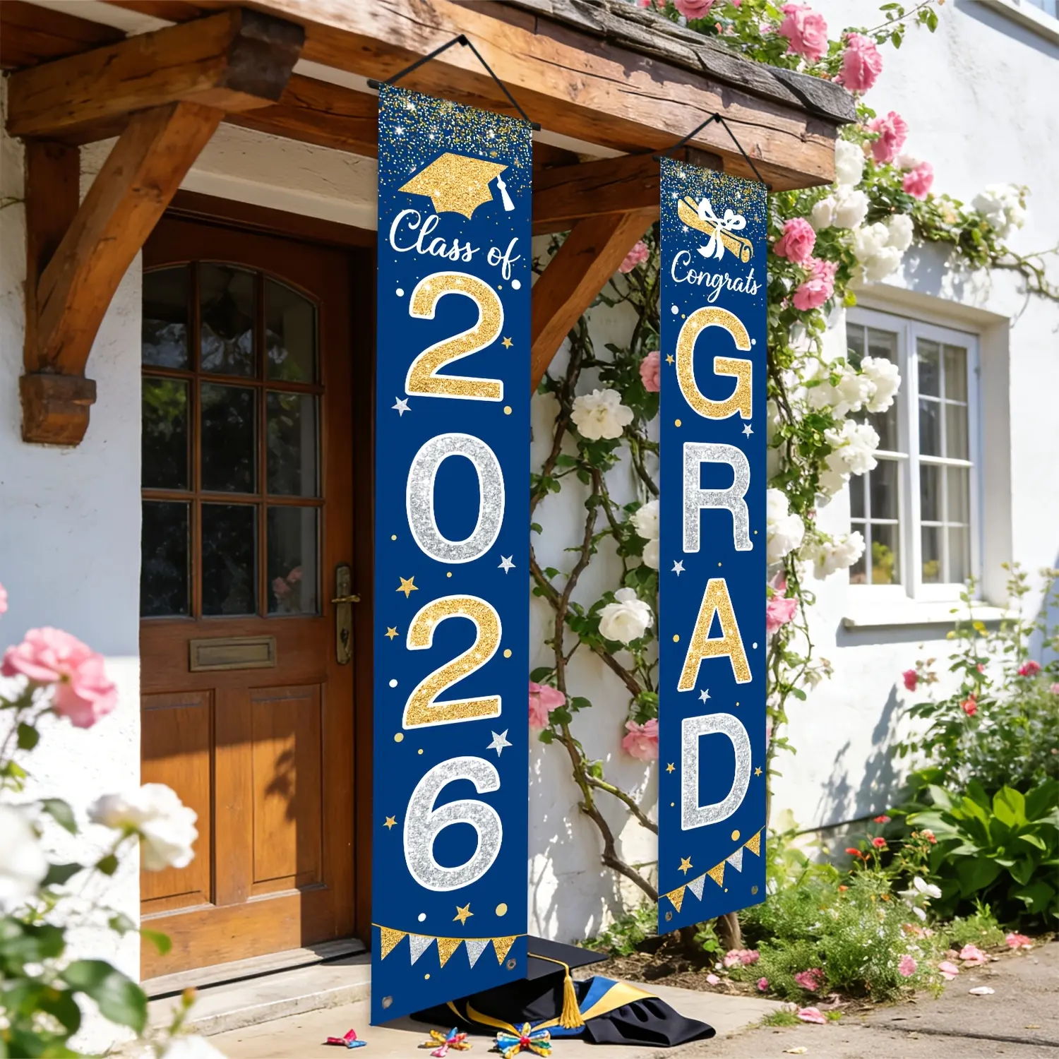 2pcs Gold Graduation Door Banner, Polyester Material, Party Birthday Celebration Decor, Indoor Outdoor Event Decoration, Outdoor Banners, Graduation Party Decorations
