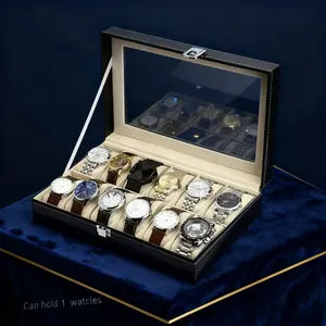 Valentine's Day gift, Father's Day gift. 12-digit watch box storage box, men's luxury watch display box with large glass window, black artificial leather is high-end, comfortable inside, better protect your watch.