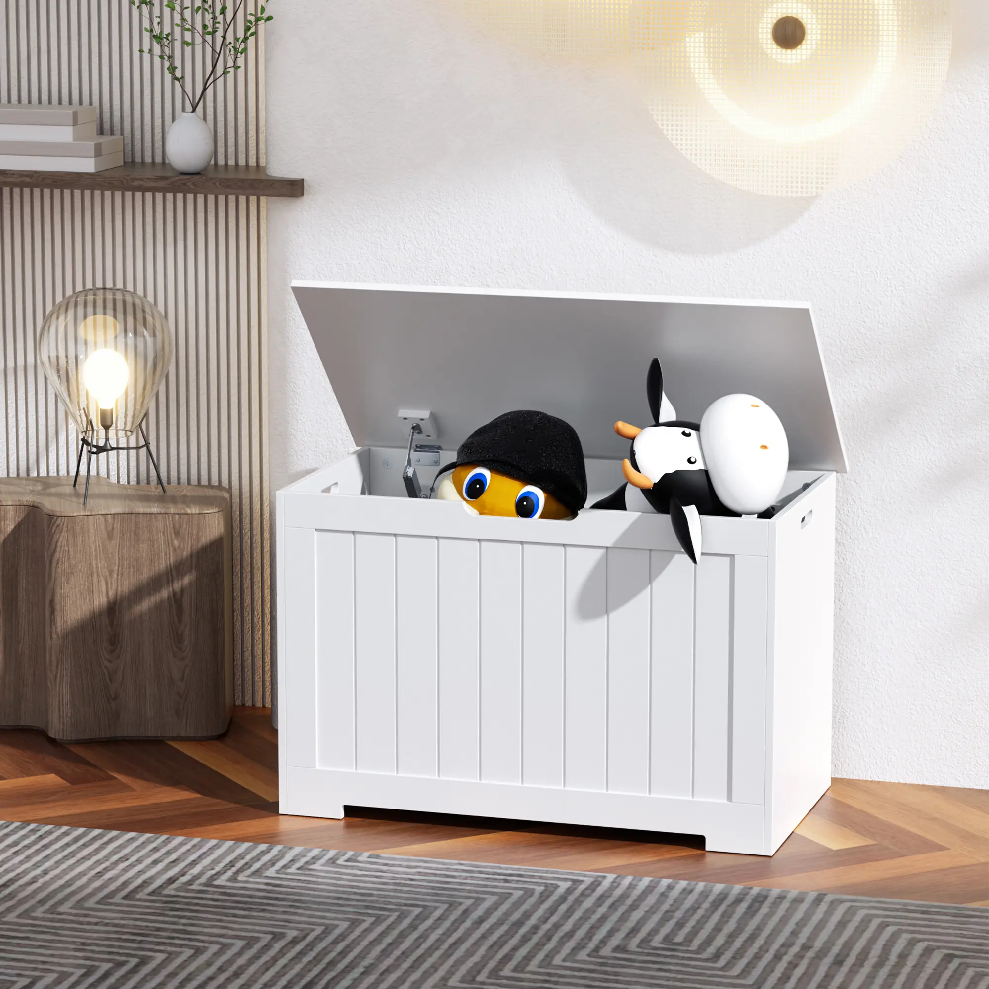 Segawe Durable Wooden Storage Chest Decorative with Safety Hinges Large 30-inch Storage Bench, Farmhouse Style Toy Box for Kids, White Organiser,summerwins