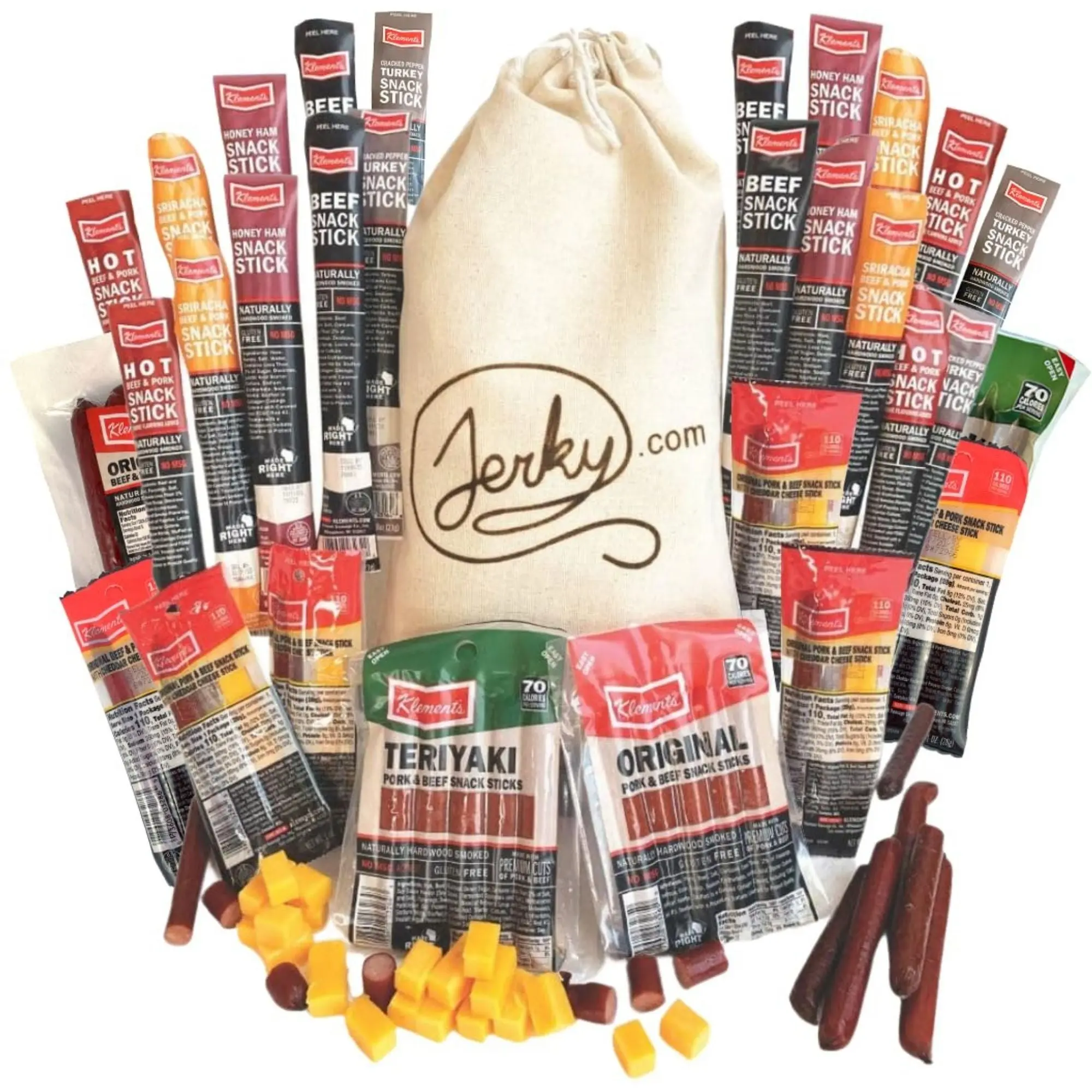 26 pc. Jerky Meat & Cheese Gift Basket - Sampler Variety Pack of Dry Beef, Pork, Turkey, & Ham Snack Sticks - Protein Snack Bundle, Unique Gift for Men, Food Gifts for Men, Gifts for Him, Meat Variety Assortment, Christmas Basket
