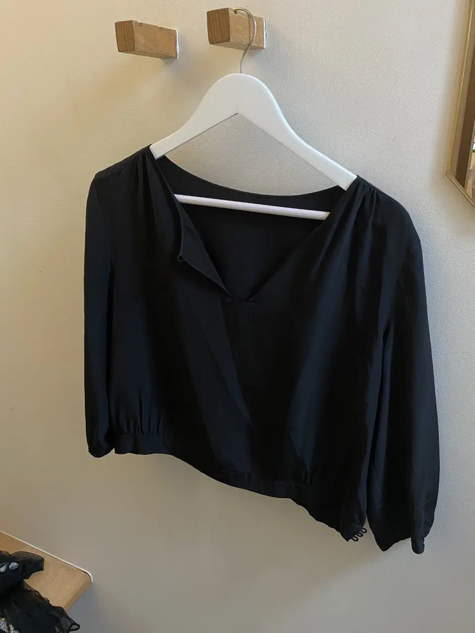 Black Cropped Silk Button Back Blouse