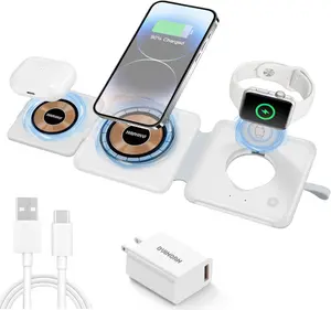 Portable 3 In 1 Fast Wireless Charger, 15W Mag-Safe Foldable Wireless Charging Station Suitable For iPhone,iWatch,Airpods Wearable Multiple Devices, Wireless charger for Android phones Earbuds Case Cellular Folding Chargeable White Electronic