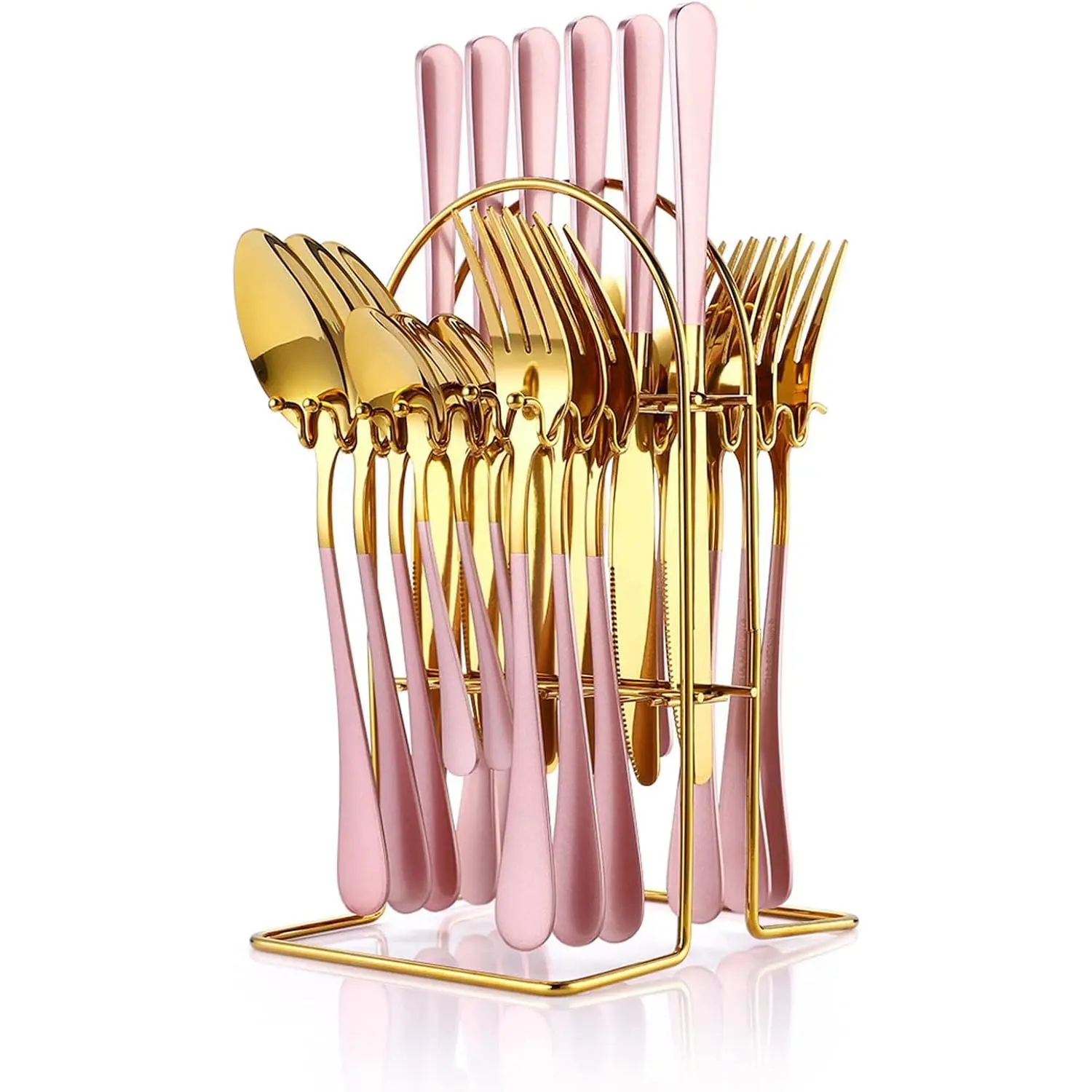 24 count Flatware Set,  Stainless Steel Flatware Set with Silverware Holder Spoons Forks ,Utensils Set Service for 6, Mirror Polished and Matte  Painted ()...