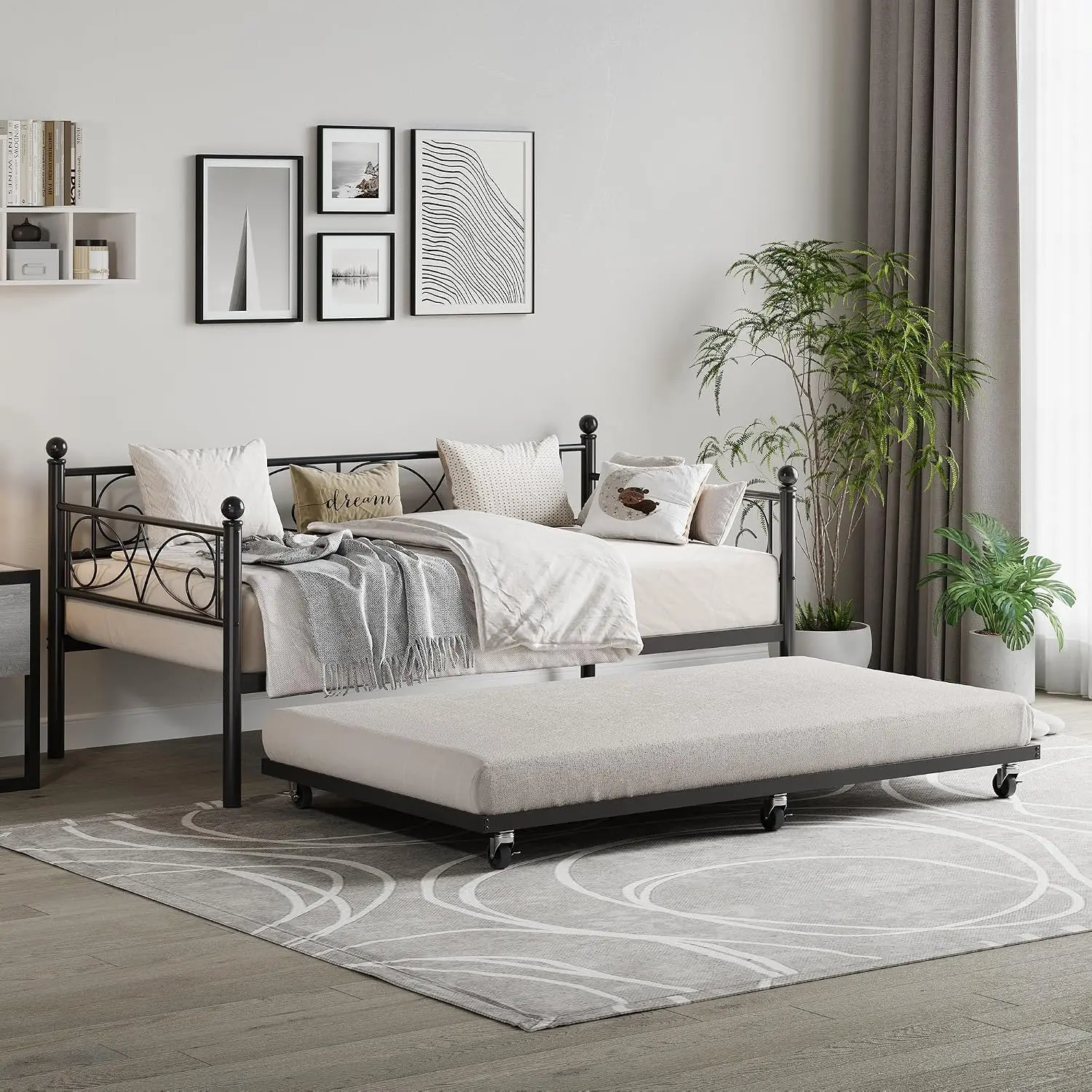 Garvee Heavy Duty Metal Twin-Full Size Daybed Frame with Pull-Out Trundle, Modern Floral Headboard, Sturdy Steel Slat Support, No Box Spring Needed, Apartment & Storage Expansion Bed Frame for Bedroom, Guest Room, Apartment Bed Frame, Twin Bed