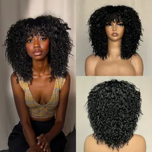 [Big Hair Curly] Beginher Hair-Wig N Go Collection 16 inches Heat Resistance 200% Density Messy Curly Bangs True Scalp Synthetic Wear Go Beginner 3 Seconds to Wear Ready Go Glueless Wigs Natural Black Color