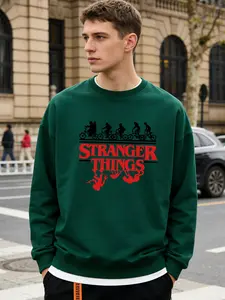 Men's Casual Long Sleeve Round Neck Sweatshirt, Unique Floral Letter Print, Polyester Fabric, All Seasons