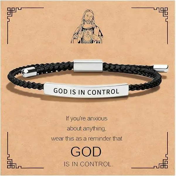God is in Control Tube Bracelet for Women Men, Handmade Braided Adjustable Inspirational Bracelets Stainless Steel Christian aith Jewelry for Christmas Birthday Gifts