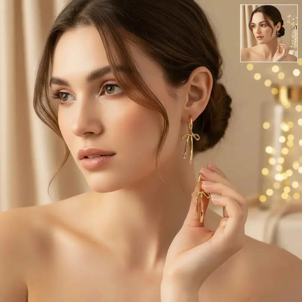 Dainty Coquette Bow Jewelry, Gold Tone Bling Aesthetic Accessories for Women, Lightweight for Everyday Wear, Jewelry For Women, Bow Embellished Earrings, Chic Gorgeous Jewelry, Casual