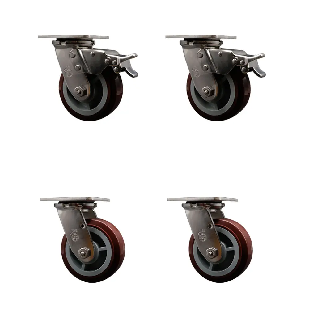 Service Caster SCC-SS316TTL30S520-PPUB-2-S-2 316 Stainless Steel Heavy-Duty Swivel Casters (Set of 4), 5 in. Polyurethane Wheels, Ball Bearings, 3000 lbs Total Capacity, 2 Total Lock Brakes, for Commercial/Industrial Equipment, Dollies, Freight Terminals,