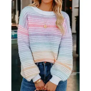 Women’s Rainbow Stripe Print Drop Shoulder Sweater, Elegant Casual Long Sleeve Round Neck Jumper for Fall & Winter, Fashion Ladies’ Knitwear for Daily Wear