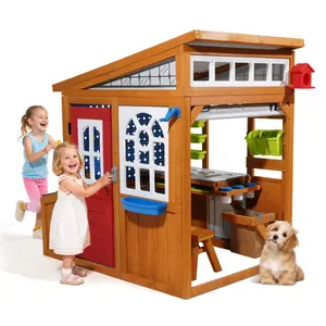 fathersdaygift VEVOR Outdoor Playhouse, Cedar Wooden Kids Playhouse with Bird Nest, Doorbell, Trash Bin, Gravity Wall Set, Storage Pocket, Windowsill, Wooden Kids Cottage for Aged 3 to 10, Rounded Corners