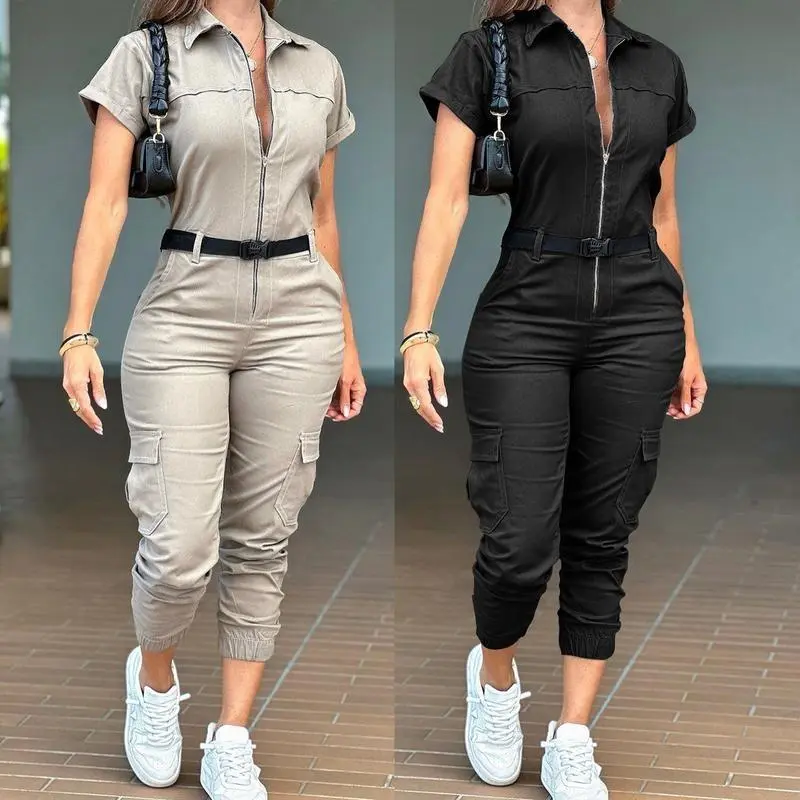 2025 New Women's Fashion Zipper Jumpsuit Short Sleeve Turn-down Collar Multi-pocket Belted Jumpsuit Womenswear Overalls Basic Black Casual Fitted Minimalist Shortsleeve