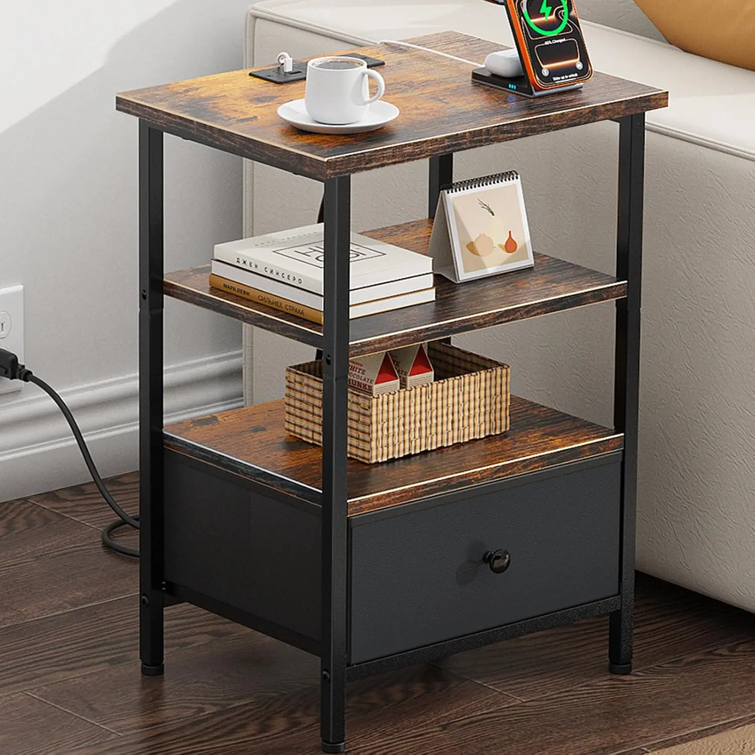 Modern Bedside Table with Charging Station and Adjustable Fabric Drawer, Multi-Use Accent Side Table for Bedroom & Living Room Decor (Brown/Black), Bedroom Nightstands, Bedside Table Nightstand
