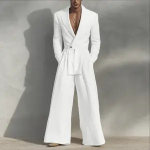 INCERUN Menswear Fashion Slim-Fit Plain Elegant Overalls - White Deep V, Tie-Waist, Lightweight All-Season Polyester Blend Jumpsuit with Comfortable Fabric for Vacation, Party