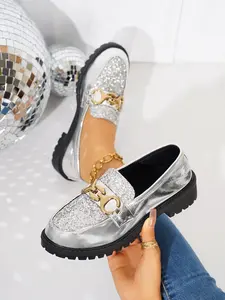 Mirror Silver Color Loafers, Metal Buckle Thick Sole Platform Shoes, Sweet Cool Style Versatile Women's Footwear, Flatform