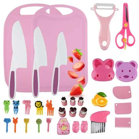 BOBOME 32-Pcs Safe Kids' Kitchen Knife Set - Rounded-Tip, Serrated Steel Blade Edge, Safe Grip Handles, Durable, Serrations for Fruit/Vegetables, Ideal for Children Learning to Cut, Birthday Gift Ideas