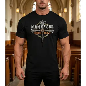 Men's Father's Day Man Of God Crown Cross Husband And Dad Christian Short Sleeve T-Shirt Cotton Menswear Top Breathable Soft Crewneck Casual Streetwear