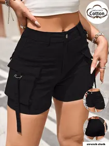 Women's Khaki Comfort Cotton Cargo Shorts | High Waist Casual Summer Shorts with Multi Pockets | Trendy Utility Streetwear for Daily, Beach & Outdoor | Soft Breathable Fabric, Stylish Side Tie Detail, Button Front | Perfect Y2K & Casual Outfit Essential