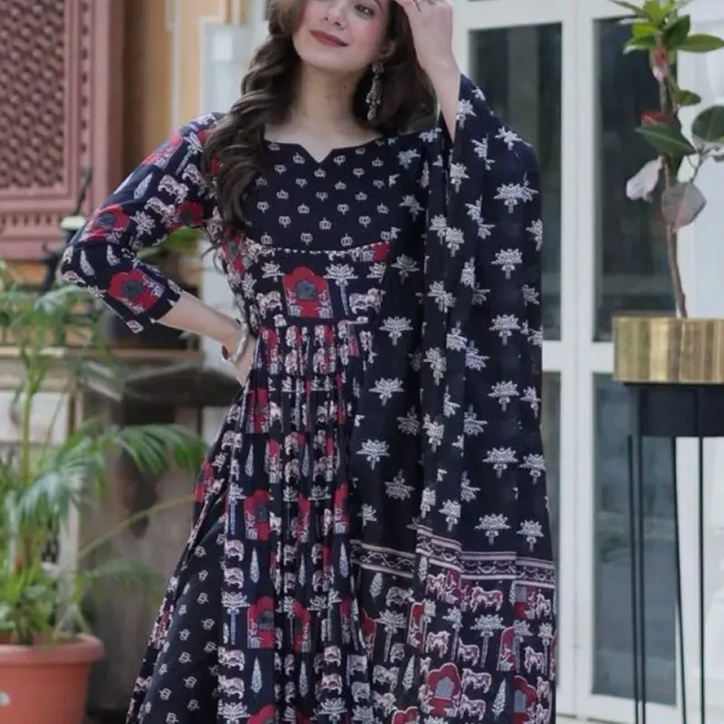 Black-Cut printed Anarkali Set with dupatta