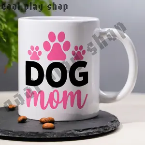 [Dog Mom Mug] 1pc 11oz Ceramic Mug with Paw Print Design |   White Coffee Cup for Dog Lovers, Bold Black & Pink Lettering, Unique Gift for Christmas, Birthday, Thanksgiving, Halloween - Glossy White Mug, Coffee Tea Mug