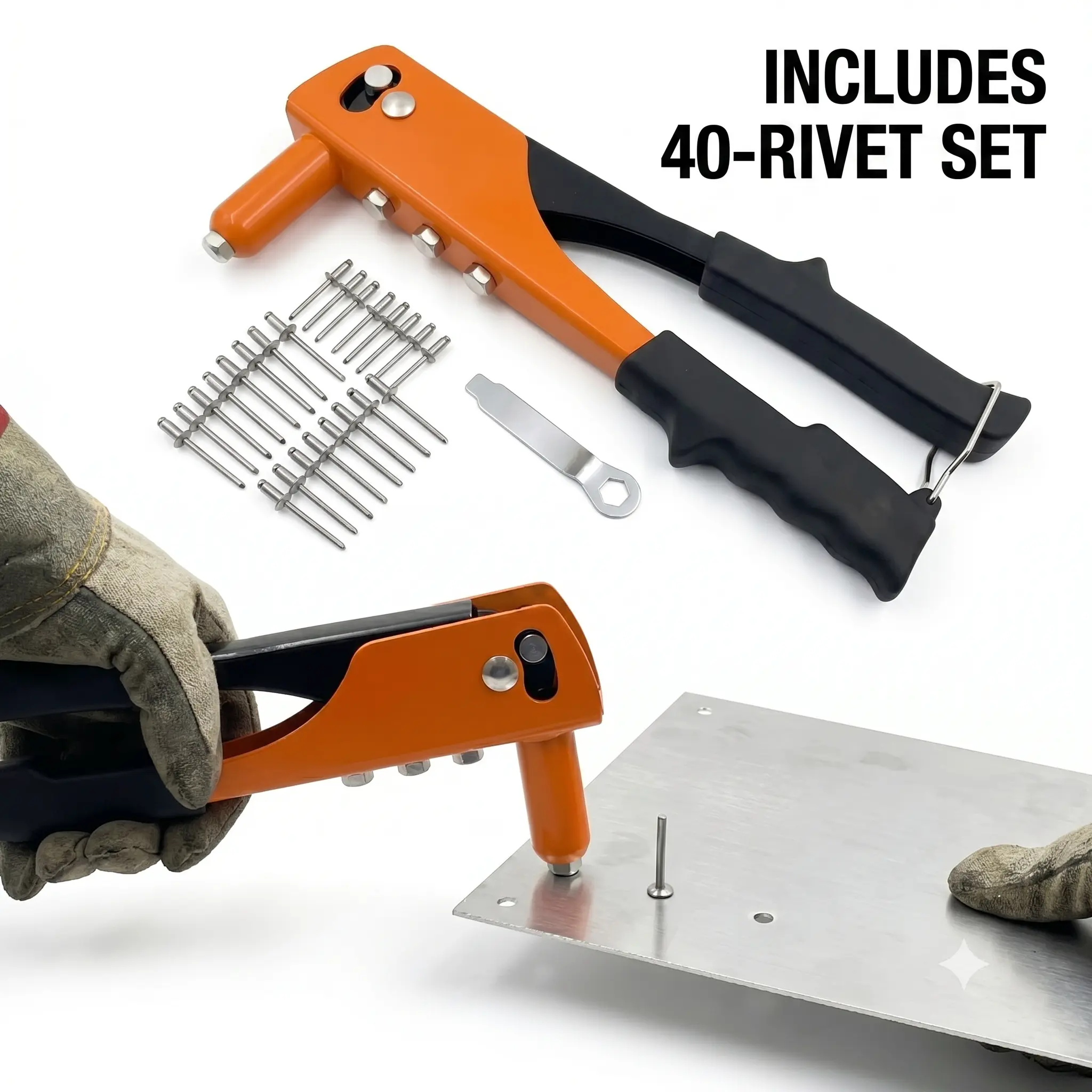 Zhoukai 9.5 in Heavy Duty Hand Riveter Kit - Professional Pop Rivet Gun with 40 Pcs Fasteners, Ergonomic Non-Slip Handle, Blister Case for Metal, Plastic DIY Projects, Secure Permanent Bond, Rivet Kit