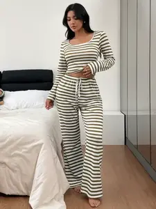 Women's Autumn Winter Pajama Set, U Neck Design, Striped Print Casual Simple Style, Soft Skin-Friendly Fabric, Indoor Outdoor Wear, Loungewear, Casual Sleepwear Set