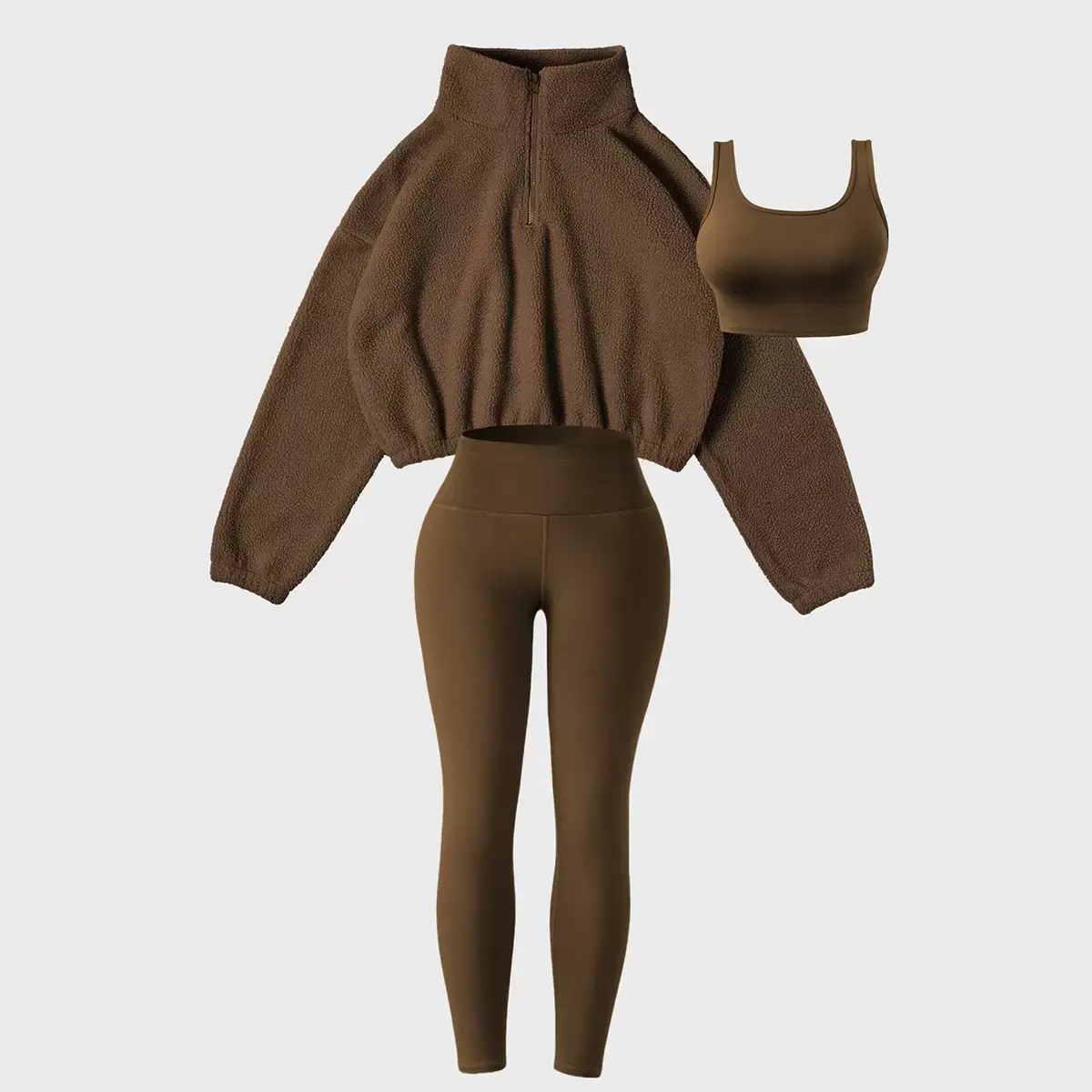 Women's 3-Piece Fleece-Lined Athleisure Wear Set - Plain Polyester Workout Gym Clothing with Long Sleeve Zip Jacket, Crop Top, High-Waist Pants for All Seasons Unisex Fitness, Gym Style Women's Tracksuit Set, Workout Gymwear, Hoodie And Sweatpants Women's