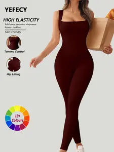 Women's Seamless Square Neck Sleeveless Top + Tight Pants Yoga Set, Skin-Friendly Breathable Elastic Waist, Sporty Fashion One-Piece Suit, Solid Color Sportswear, Sporty Comfy Breathable, Tummy Control, High Elasticity, Seamless Design, Workout Jumpsuits