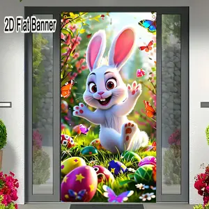 2D flat banner, 1pcEaster Cartoon White Rabbit Backdrop - Happy Bunny with Pink Ears & Colorful Eggs, Flowers, Butterflies for Spring Festive Party Decor, Green Grass Easter Scene Backgroundgalentines party decor, valentine day decor, decorations f