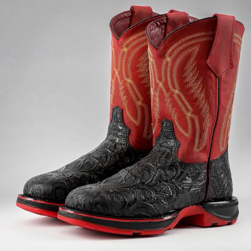 TBR Black Hand-Tooled Leather Boots With 3D Lightweight Sole - Composite Toe