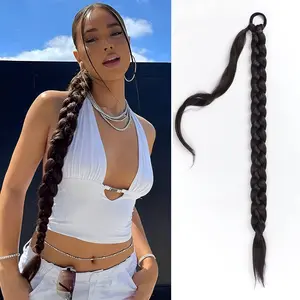 HAIRCUBE 32 Inch Long Braided Ponytail Extension - 150g Natural Black Brown Synthetic Wrap Around Hair Piece for Women
