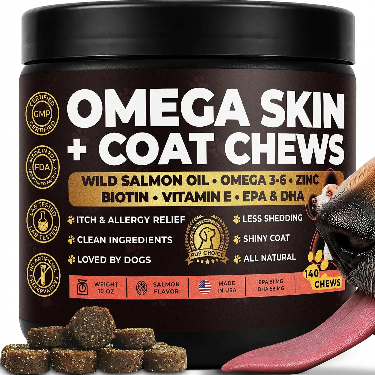 Omega 3 Skin & Coat Chews for Dogs – Wild Salmon Oil, Omega 3-6, Biotin, Zinc & Vitamin E – Supports Healthy Skin & Coat – Helps with Itchy Skin, Shedding – Tasty Salmon Flavor Supplement - 140 Count