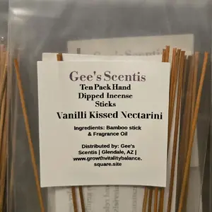 Gee's Scentis Vanilli Kissed Nectarini 10 Pack 11 Inch Hand Dipped Incense Sticks with 55 Min Burn Time Vanilla Bean Nectarine Scent