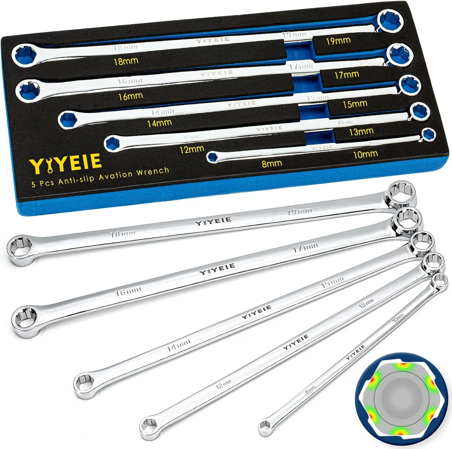 【TiktokShopBackToSchool】YIYEIE 5-Piece Extra Long Box End Wrench Set, Metric 8mm-19mm, 6 Point Extended Bolt Extractor Wrench, CR-V Labor-Saving Aviation Spanner with EVA Foam