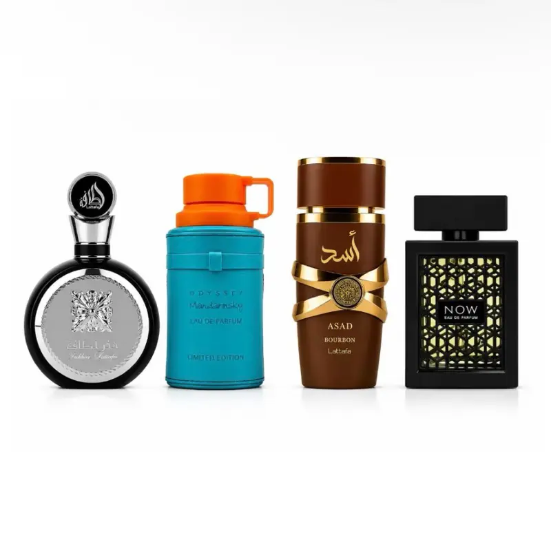 Lattafa Fakhar Men + Asad Bourbon + Rave Now Men + Mandarin Sky, 3.4 fl.oz (100ml), Fragrance bundle set
