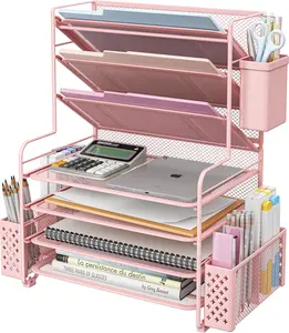7 Tier Desk File Organizer Letter Tray Paper Storage with Pen Holder and Metal Hanging Basket, Pink Office Supplies Office Gadgets