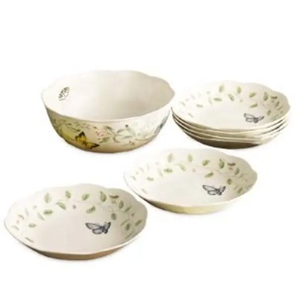 Lenox 6437719 Butterfly Meadow 7-Piece Porcelain Tableware Set, Scalloped Fluted Sides, Dishwasher Safe for Main Course Pasta & Salad with Bowls & Dishes, Butterfly Vine Design, Large Bowl